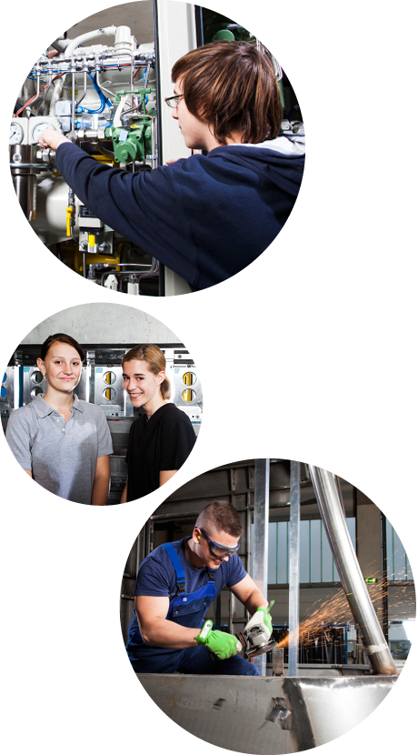 Junge Menschen bei der Arbeit in ihren Berufen der metalltechnischen Industrie.