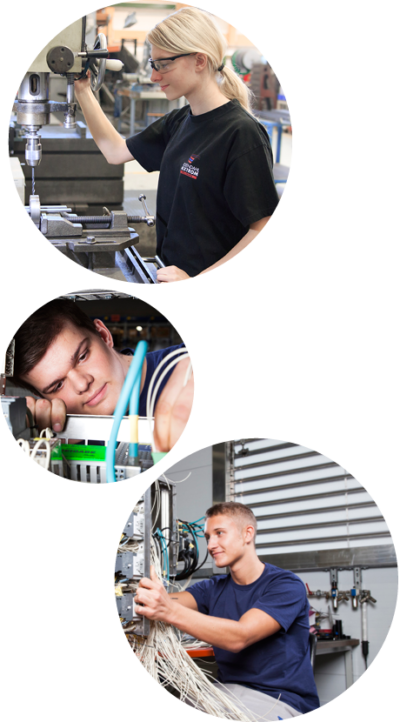 Bildmontage von jungen Menschen bei der Arbeit an diversen Maschinen.